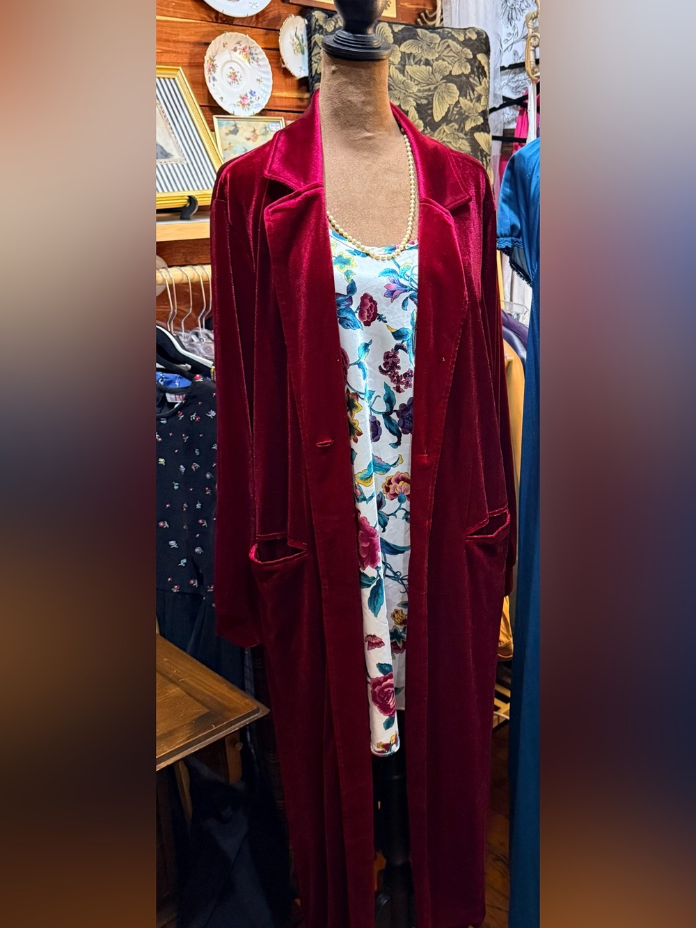 Vintage Raspberry Magenta Velvet Longline Blazer Duster Coat